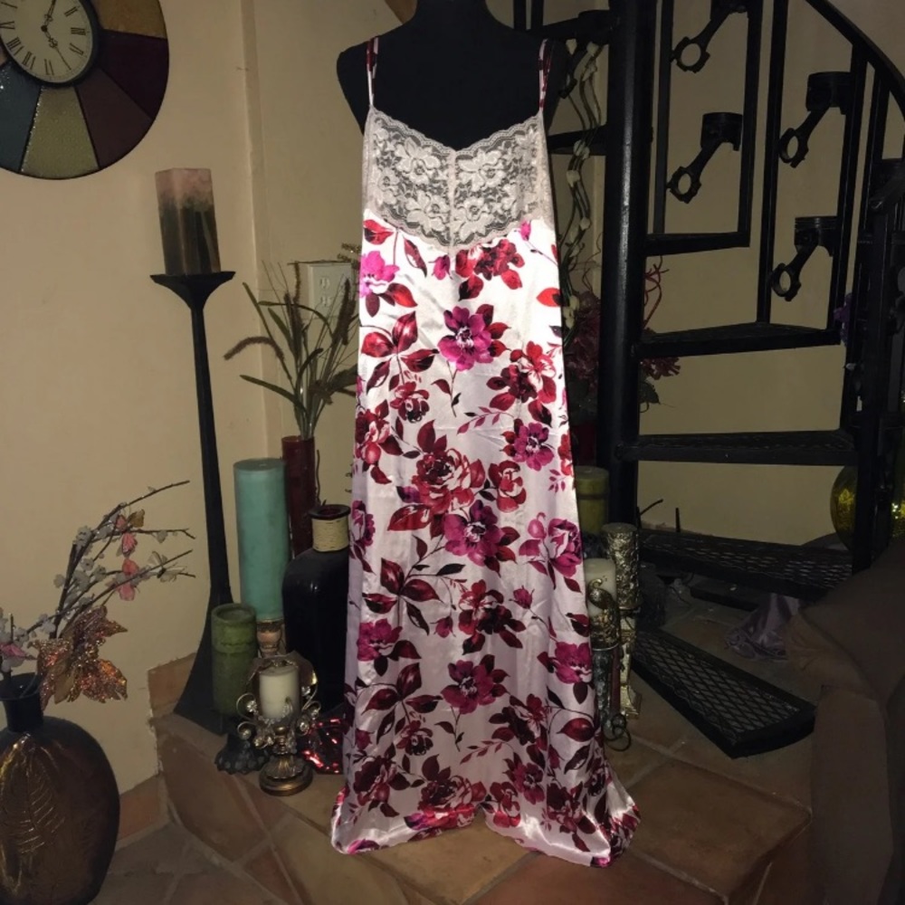 Satin Lace Purple Floral Maxi Long Nightgown Slip Dress Chemise Lingerie